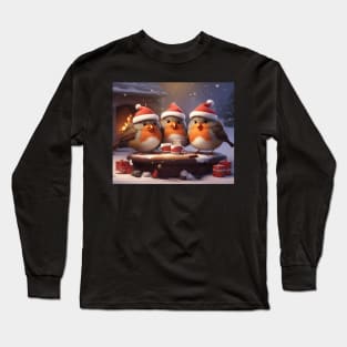 Robin Enjoying Hot Chocolate by the Fireplace Long Sleeve T-Shirt